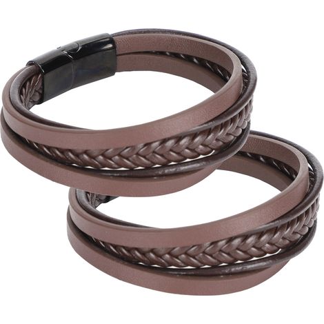 2Pcs Bracelet with Magnetic Clasp Vintage Hand Knitting Multi Layer Wristband Gifts(Brown PU Leather with Black Clasp ) (1/5)