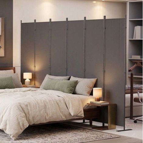 Paravent 304x180 cm en métal et tissu polyester gris foncé, gain de place pour bureau, FLORAGRACE (1/5)