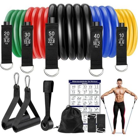 Ensemble de 5 bandes de résistance pour le renforcement musculaire, avec ancrage de porte, poignées et sangles de cheville, idéal pour le yoga et le Pilates. (1/5)