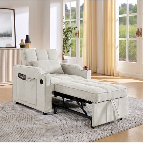 Sofá cama 190x85x86 cm beige, respaldo 3 posiciones, USB/Type-C, portavasos, tejido MEUBLIV (1/5)