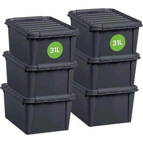 Recycled 31 L - Lot de 6 Boîtes de Rangement - 100% Plastique Recyclé - Gris - 50 x 39 x 26 cm - 31l (1/5)