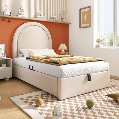 MEUBLIV Lit enfant rembourré en PU beige avec tête de lit en arc demi-cercle et rangement hydraulique 90 x 200 cm (1/5)
