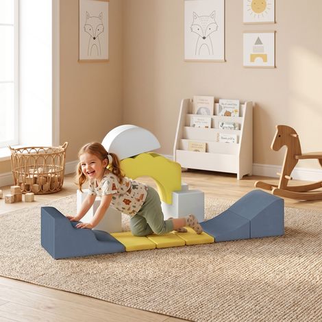 Parcours motricité bébé blocs mousse éducatifs modulables 7 pièces housse lavable en velours base antidérapante jaune (1/5)