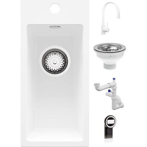 PRIMAGRAN Evier Cuisine en Granit 23x50cm,Lavabo 1 Bac + Robinet 38x14cm + Kit de Vidage, Évier à Encastrer au Meuble 25cm - Riga, Blanc (1/5)
