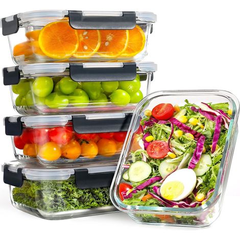 YASHE Lot de 5 boîtes alimentaires en verre 1,04 L, couvercles noirs