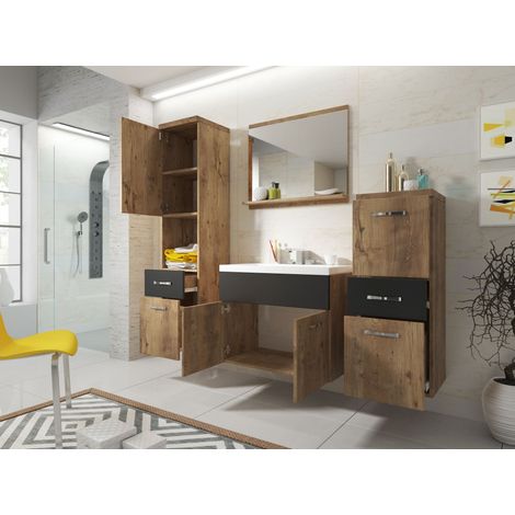 Bratex – Ensemble de meubles de salle de bain – Meuble vasque avec évier 47,5 x 60 x 34,6 cm – Armoire haute 133 x 30 x 30 cm – Couleur marron/noir — vue 2
