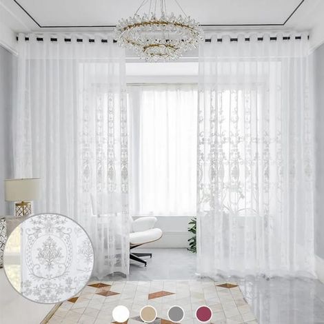 Lot de 2 rideaux, œillets semi-transparents, broderie tulle, aspect lin, fleurs, salon, chambre, restaurant, L140 x H245 cm, ODIPIE (1/4)