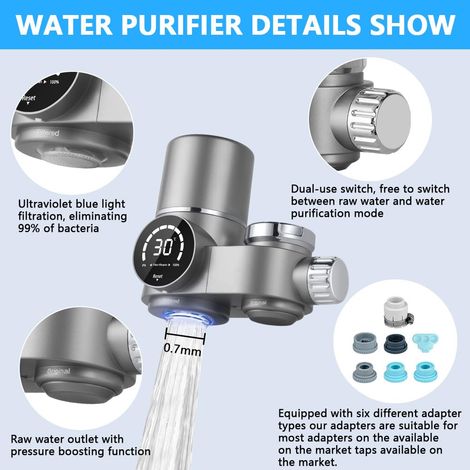 Filtro per l'acqua del rubinetto, sistema di filtraggio dell'acqua con display a LED, include 1 cartuccia, 8 strati filtranti, rimuove impurità, cloro, candeggina, vermi, facile installazione (1/4)