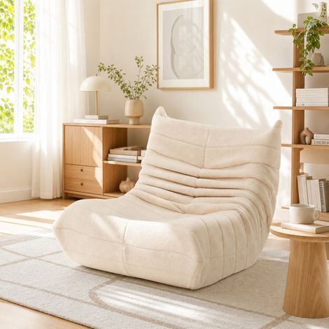 Fauteuil relax en velours beige, chaise longue inclinable ergonomique, siège confortable pour salon ou chambre, design moderne minimaliste pour détente et lecture