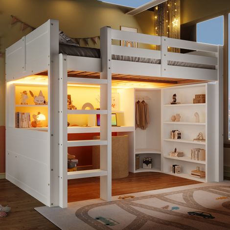 Lit mezzanine enfant 140×200 cm avec LED, armoire intégrée, bureau et 3 tiroirs, antichute, pin blanc (1/5)