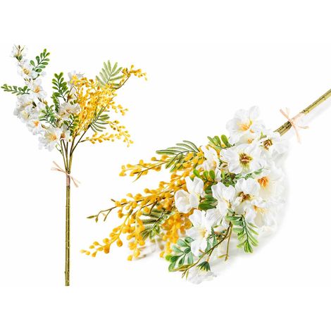 Bouquet / mazzo di fiori con rami di mimosa e fiori di campo artificiali, ideale per composizioni floreali, set da 6 pezzi, cm 42 H (con gambo 81)