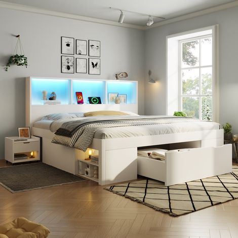 REDOM Cama doble 140x190 cm con almacenamiento y mesita de noche móvil de madera blanca (Sin colchón) (1/5)