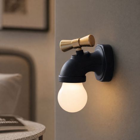Veilleuse Robinet LED Rechargeable, Détecteur Sonore et Lumière, Design Créatif ABS, Éclairage Nuit Chambre Salon, Blanc/Noir (1/4)