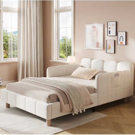Cama tapizada individual (103.4x54.79x30 cm), con cabecero ergonómico, patas de madera, terciopelo beige (1/5)