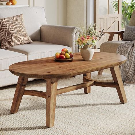 Tribesigns Oval Coffee Table, 120 cm Solid Wood Living Room Table, Natural Pine Solid Wood Coffee Table, Modern Center Accent Furniture, Child-Friendly,Rustic Brown