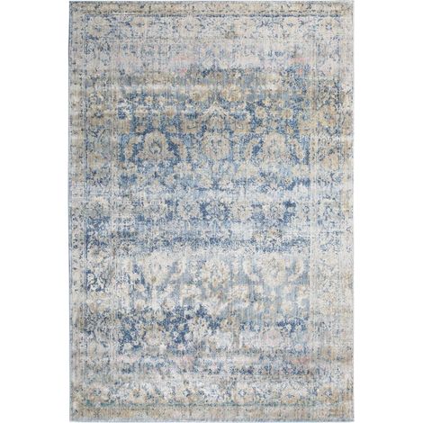 Tapis rectangle tissé 133x190 cm bleu et beige – Motif abstrait – Poils ras en polypropylène – Certification OEKO-TEX® STANDARD 100 – Unamourdetapis