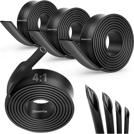 4:1 Heat Shrink Tubing Set with Glue, Black Waterproof Heat Shrink Tubing (Ø8 mm and Ø12 mm by 2 m, Ø16 mm and Ø20 mm per 1 m) for Electrical Insulation, Cable Repair and (1/5)