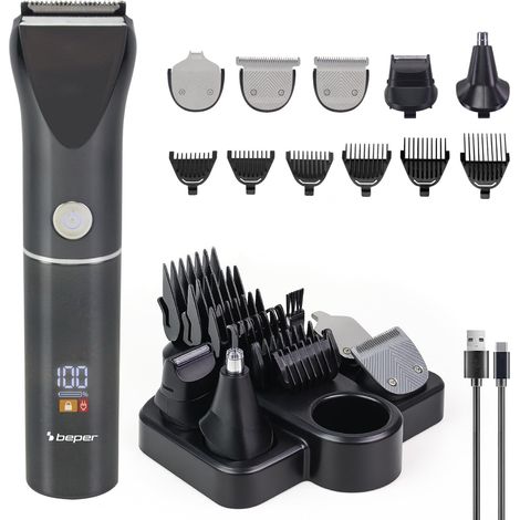 BEPER P304CAP050 Set Rifinitore Multifunzione TrimX 12 – Tagliacapelli, Regolabarba, Rifinitore Naso e Orecchie – 12 Accessori Inclusi, Lame in Acciaio, Display LED, USB-C Ricaricabile – 2h Autonomia
