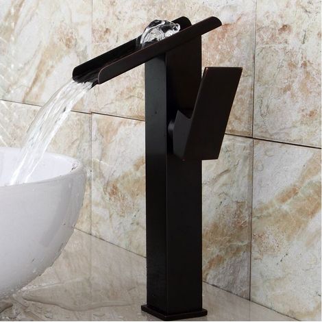 Rétro Robinet Mitigeur lavabo cascade vasque salle de bain une petite fontaine mat noir en cuivre (1/4)