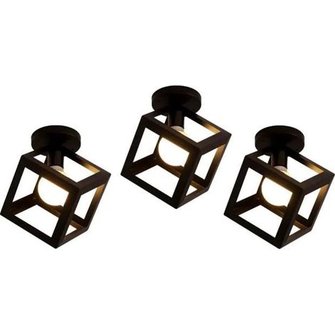 U-Do 3Pcs Plafonnier en Métal Noir Lampe de Plafonde Carré design Vintage décoration Couloir Salon Cuisine (1/4)