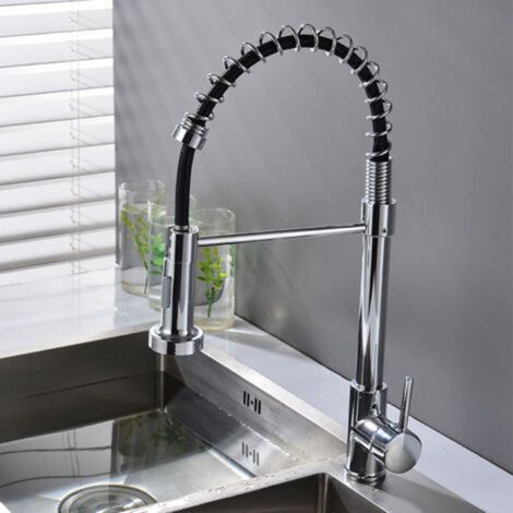 Kitchen Faucet with Helical Spring, 360° Swivel Kitchen Tap, Pull-Out Spray Head, High Pressure, Electroplated (1/5)