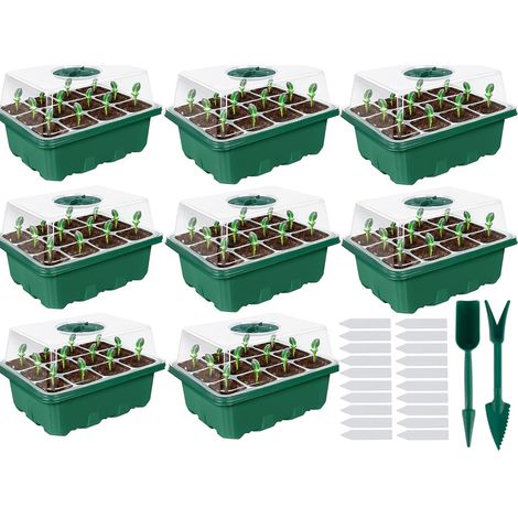 Lot de 8 serres d'intérieur - Bac de culture - Plateau de démarrage - 96 cellules - Mini serre - Plateau de démarrage - Mini propagateur pour semis - Vert