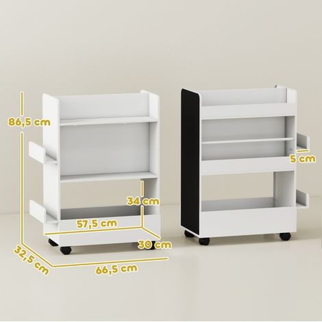 Libreria per bambini a 4 ripiani con lavagna e ruote 66,5 x 32,5 x 86,5 cm bianca DESVIAE (1/2)