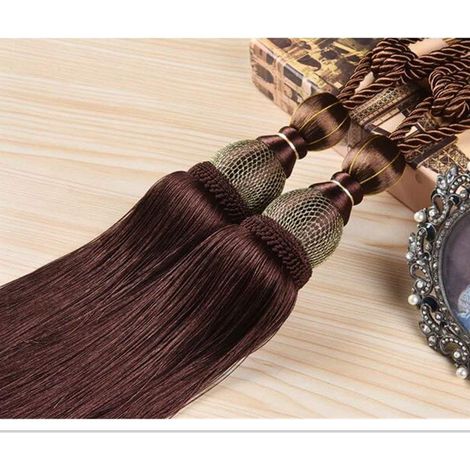 Ensemble de 2 embrasses avec cordons, pompons et boules, marron (1/5)
