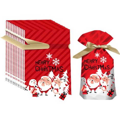 GDHZS- 50 sacs cadeaux de Noël à cordon - Sacs cadeaux de fêtes de tailles assorties pour décorations de Noël, sacs d'emballage Père Noël pour friandises, bonbons, fêtes/// (1/4)