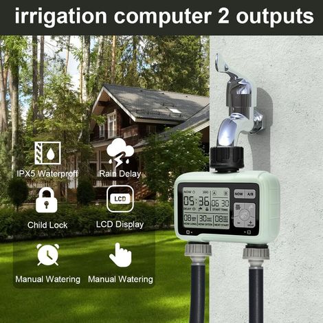 Für Automatischer Bewässerungstimer für Garten 2 Wege, Bewässerungstimer 2 Ausgänge, Bewässerungscomputer für den Außenbereich mit Kindersicherung, Automatischer und manueller Modus, Regenverzögerer