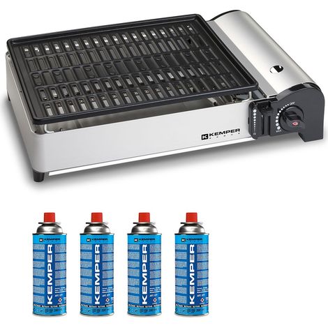 Kemper – Barbecue à gaz portable 1900W – Grille antiadhésive – Allumage piézo – 4 cartouches butane – Mallette de transport – Cuisson nomade