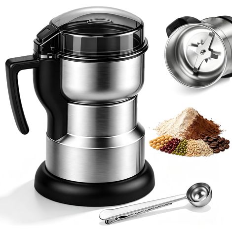 Moulin à Café Électrique, 150W 300ml Coffee Grinder avec 4 Lames en Acier Inoxydable, 1 Cuillère et un Couvercle Transparent, Moulin a Epices Machine à Grain pour Grains de Café, Noix (1/4)