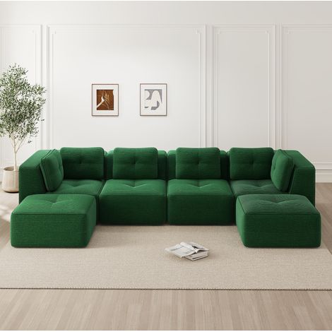 Sofá modular de esquina en pana verde, convertible y sin montaje, diseño antideslizante (1/5)