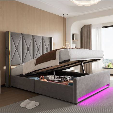 Cama doble con almacenamiento USB LED gris oscuro OKMYHOME (1/5)