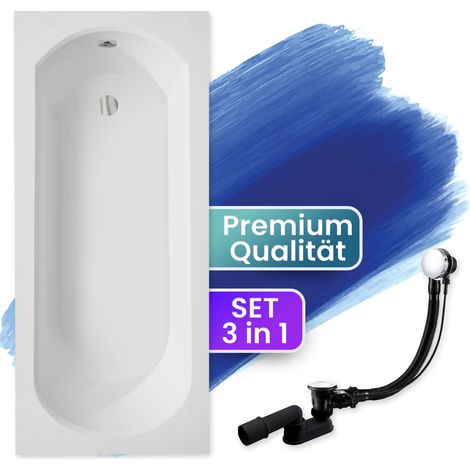 Badewanne Rechteck 160x75, Ablaufgarnitur & Füßen GRATIS - Komplettset 3in1 Original Acryl Wanne Premium Siphon - Made in EU - BADLAND INTRICA (1/5)