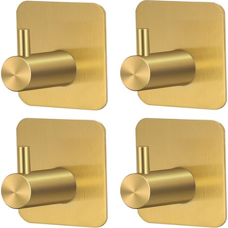 Crochets Adhésifs de Charge Puissante en Acier Inoxydable, 4 pcs Crochets Muraux Anti-rouilles de Style Élégant pour Cuisine/Salle de Bain, Doré (1/5)
