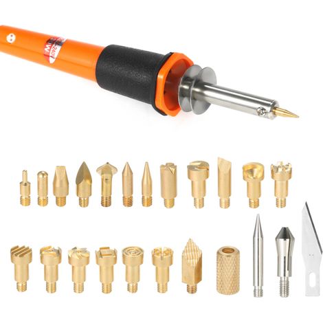 Kit para pirograbado de 30 W, 24 piezas, que incluye soldador y varias puntas para grabar, tallar y repujar madera (220-240 V). (1/5)