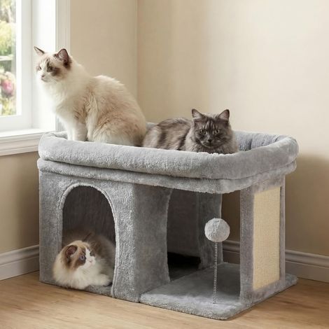 Arbre à Chat, Tour de 35 cm avec Grande Plateforme de Repos et Cabane pour Chats Adultes d'Intérieur, Poteaux à Griffes et Balle à Ressort Interactive Inclus, Gris Clair (1/5)