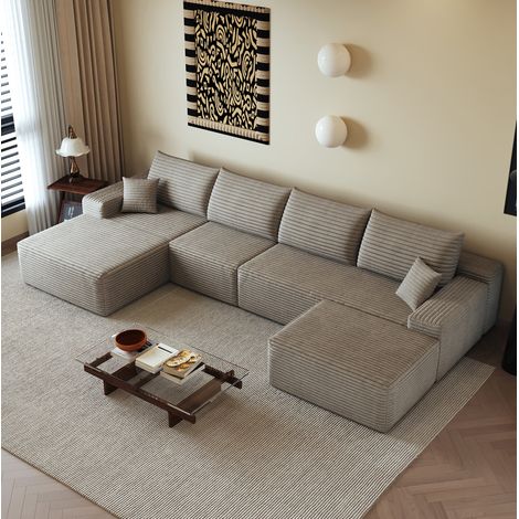 Sofá esquinero modular de 340 cm en tejido corduroy camel OKWISH (1/5)