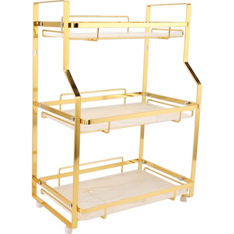 Étagère de Salle de Bain Murale, Rack d'Angle Organisateur, Support pour Salon Chambre Cuisine, Blanc et Or, 3 Niveaux (1/5)