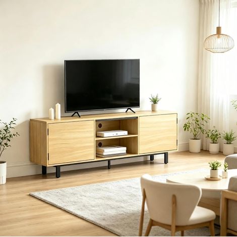 Mobile TV fino a 65 pollici, 2 ante a pressione, 2 ripiani aperti, naturale e nero HAVRYA (1/5)
