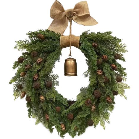 SJLERST Couronne de Noël avec clochettes de 50 cm et nœud en tissu de chanvre fait main - Décoration d'intérieur en matériaux naturels