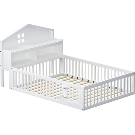 Cama cabaña infantil 140 x 200 blanca con almacenamiento, barrera, puerta y somier (1/5)