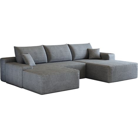 Canapé d’angle modulaire 270 cm avec chaise longue, assise profonde, tissu côtelé gris, sans montage, pour salon ou chambre, livré compressé CHICFURN (1/5)