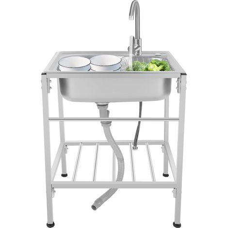 Virellio – Évier de cuisine sur pied en acier inoxydable 304 – Bac à laver autoportant 60×45×75 cm – Robinet pivotant 360° chaud/froid – Pour cuisine, restaurant et salle de lavage (1/5)