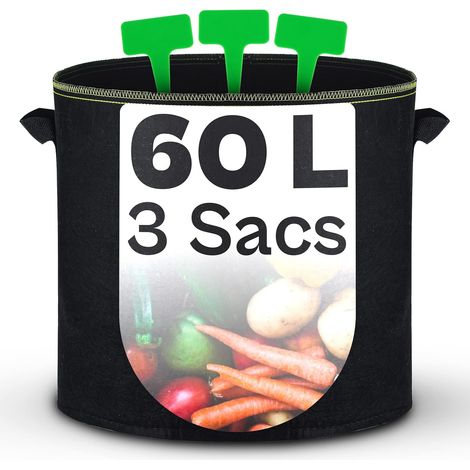 Grands Sacs de Plantation en Geotextile 60L avec Poignées - 3 Étiquettes - Pots pour Tomates, Poivrons, Carottes (1/5)