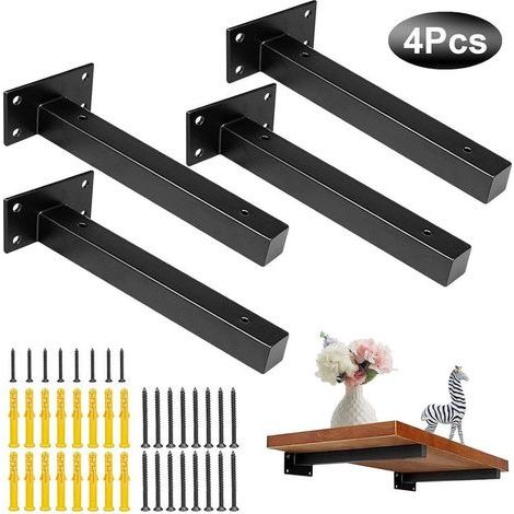 Equerre Etagere 4 Pcs Industrielle Support d'étagère Murale Fixation Rétro,Supports Plateaux en Métal avec Vis Tablette Mural Bride,Noir en Acier Inoxydable (250mm/10in) (1/5)