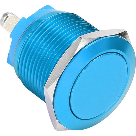 Bouton poussoir métallique plat oxydé complet, interrupteur auto-retour 19mm bleu, commande pied à vis, contrôle d'alimentation (1/5)