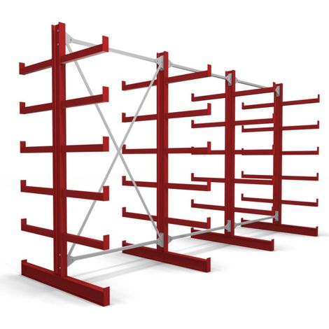 Rayonnage à bras en porte-à-faux STIER, double, 3 travées avec 5 niveaux 3900x2000x500 mm, rouge feu (1/4)
