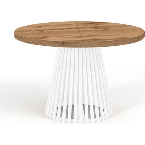 Table à manger ronde extensible DOVER avec lamelles- style industriel/loft avec pieds Ă lattes, diamètre : 110 / 210 cm, couleur :wotan / blanc (1/4)